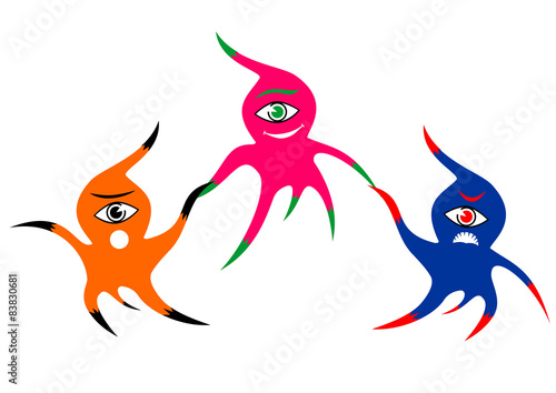 Three cheerful colorful one-eyed monsters