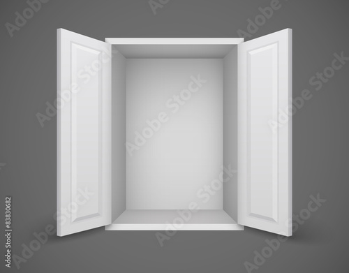 Empty white box with open doors and nothing inside. Eps10