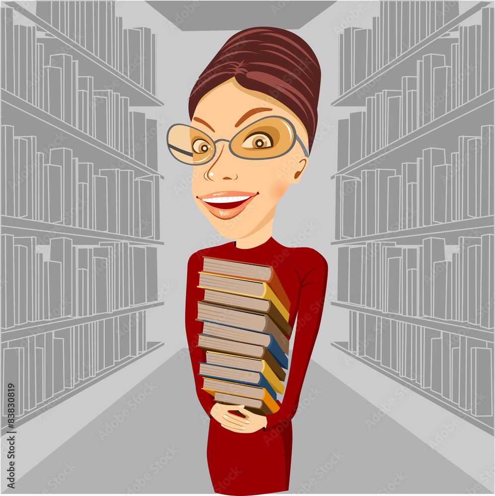 Konstfotografi smiling librarian with glasses holding books