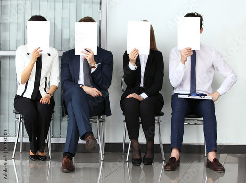 Human resource concept, Young businessman holding white billboar photo