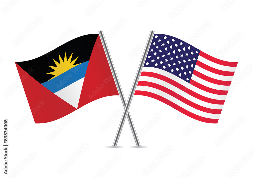American and Antigua and Barbuda flags. Vector illustration.