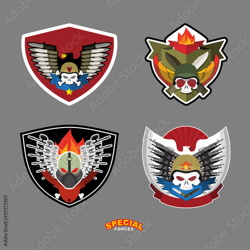 Army emblem set. Skull and guns. Vector illustration.