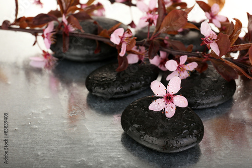 Spa stones with spring flowers on table close up