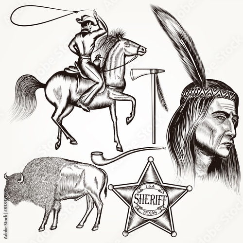 Cowboy vector set west cowboy, Indian and sheriff star