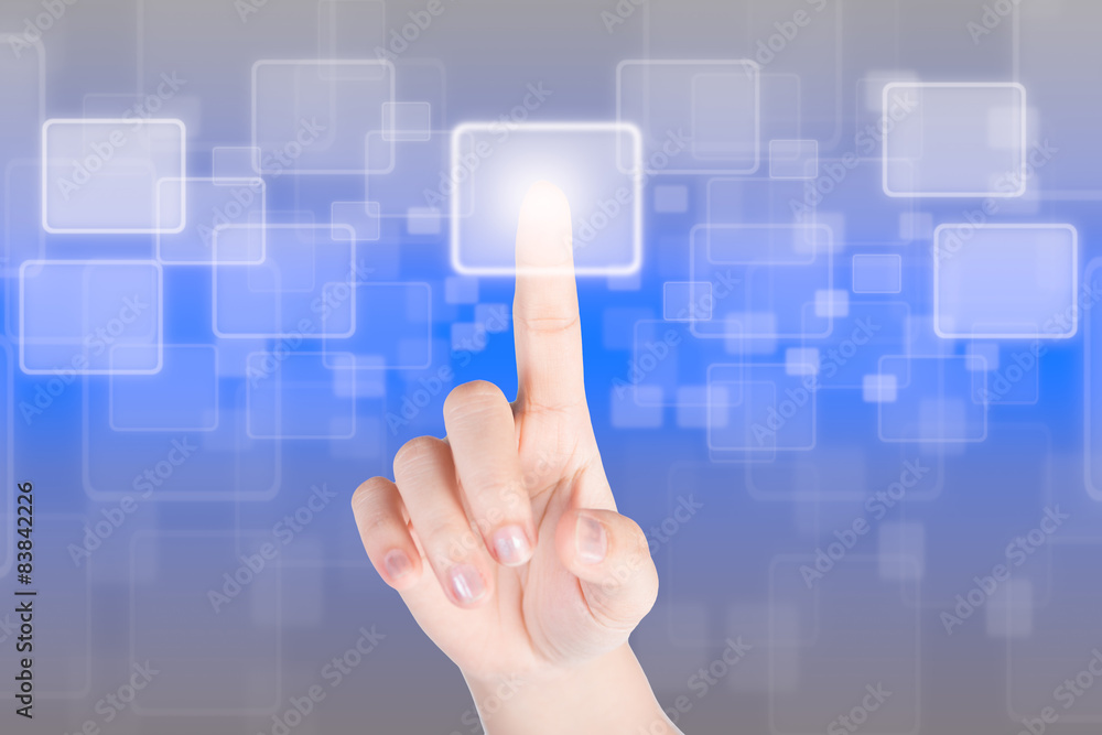 Hand pressing button with technology background Hand pressing button with technology background