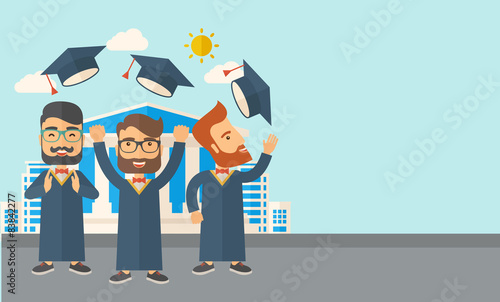 Three men throwing graduation cap.