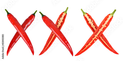 xxx made from red hot chilli peppers isolated on white
