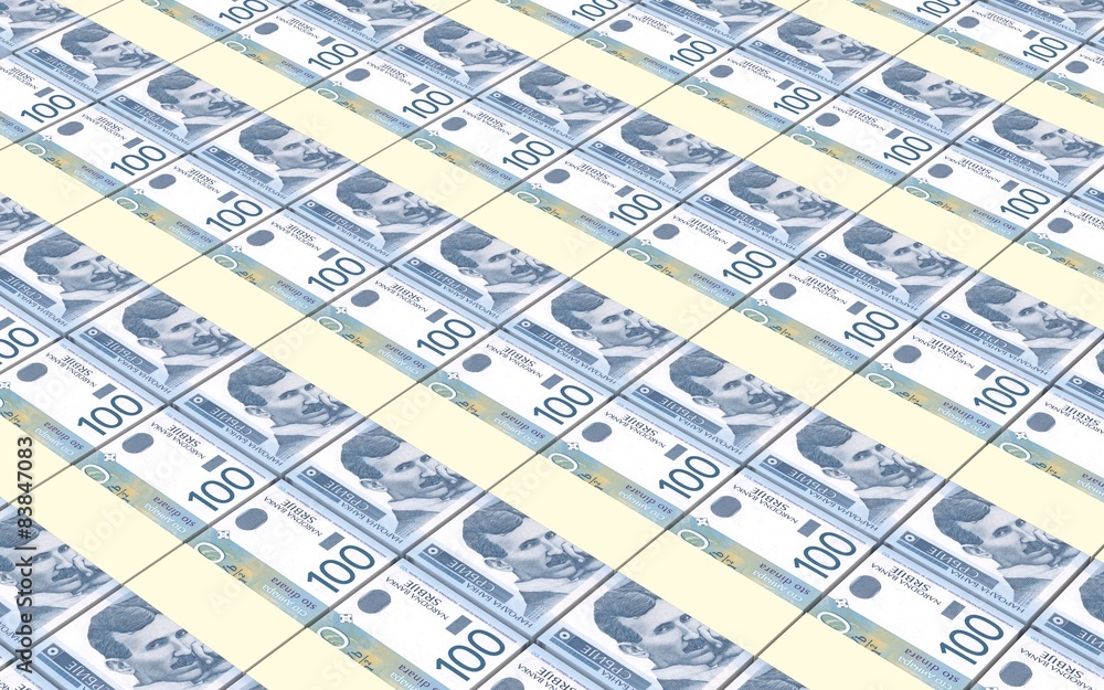Serbian dinar bills stacks background.