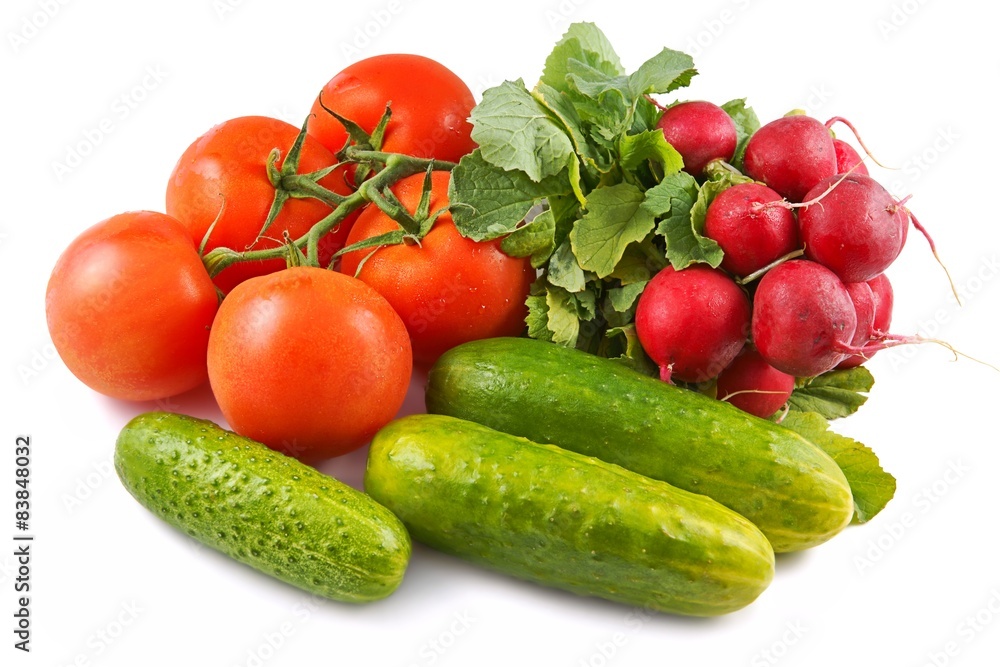 Tomatoes, cucumbers and radishes on a white background Tomatoes, cucumbers and radishes on a white background
