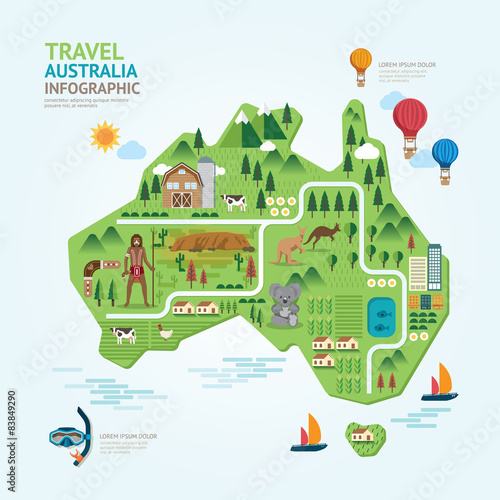 Infographic travel and landmark australia map shape template des