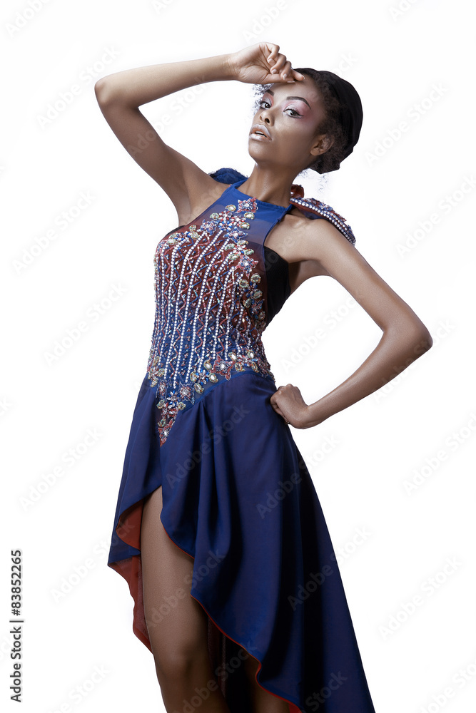 Full-length photo of beautiful black woman in a blue creative dr Full-length photo of beautiful black woman in a blue creative dr