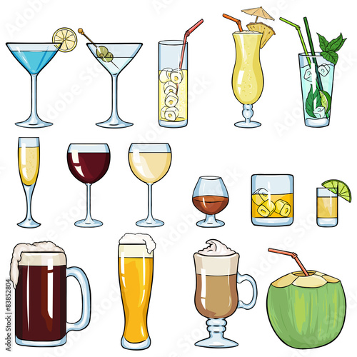 Vector Set of Cartoon Cocktails and Alcohol Drinks