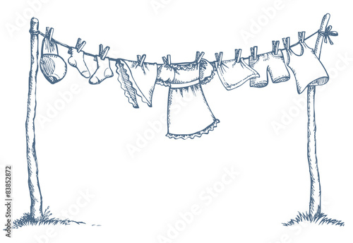 Wash clothing on clothesline. Vector drawing