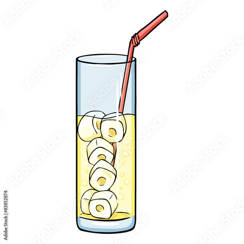 Vector Cartoon Glass of Lemonade on the Rocks with a Pink Straw.