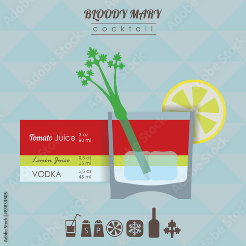 Bloody Mary cocktail flat style  illustration with icons of reci
