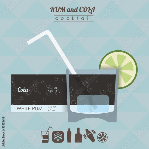 Rum and cola  cocktail flat style  illustration with icons of re