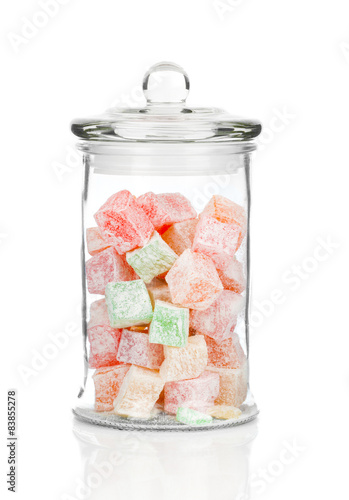 Photography beautiful jar full of colorful delicious dessert Turkish delight