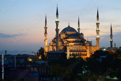 Istanbul. Illuminated Blue Mosque at twilight