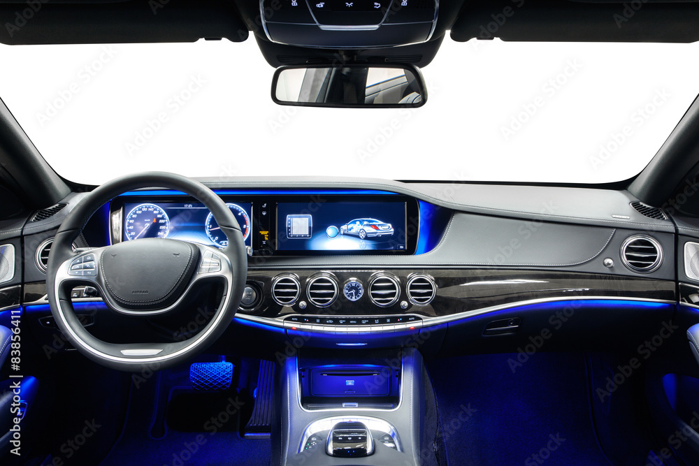 Naklejka premium Car interior dashboard black with blue ambient light