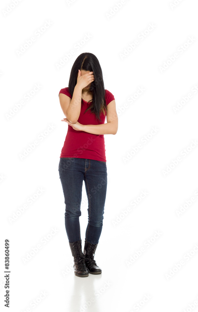 Model hiding face shame