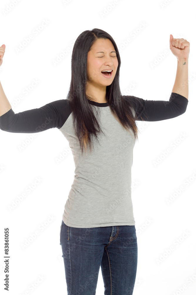 Model happy successful arms in the air Model happy successful arms in the air