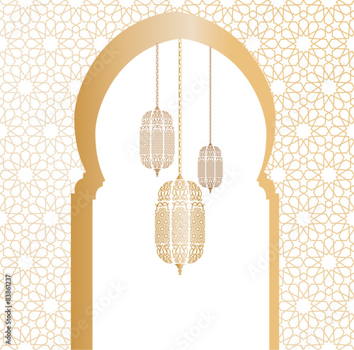 Arabic architectural illustration with arch and arabic lanterns
