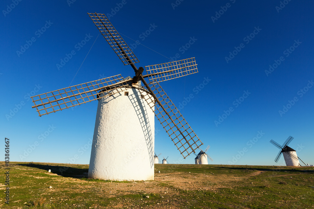 Wide angle shot of group of windmills in sunny day