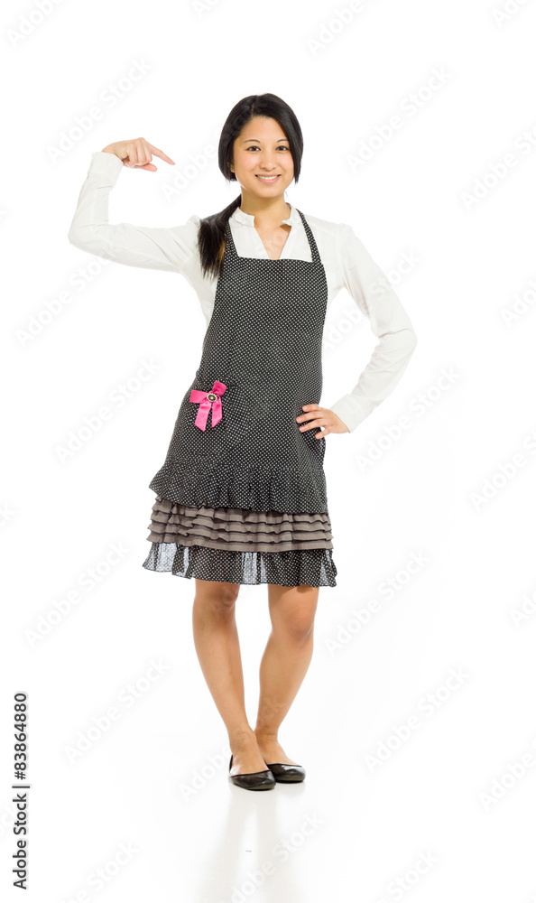 Model isolated pointing to herself