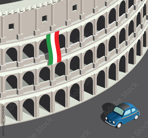 Isometric Colosseum and vintage italian car