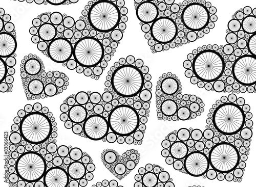 Vector seamless pattern with hearts made of bike wheels