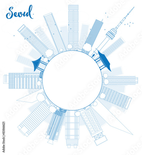 Outline Seoul skyline with blue building and copy space