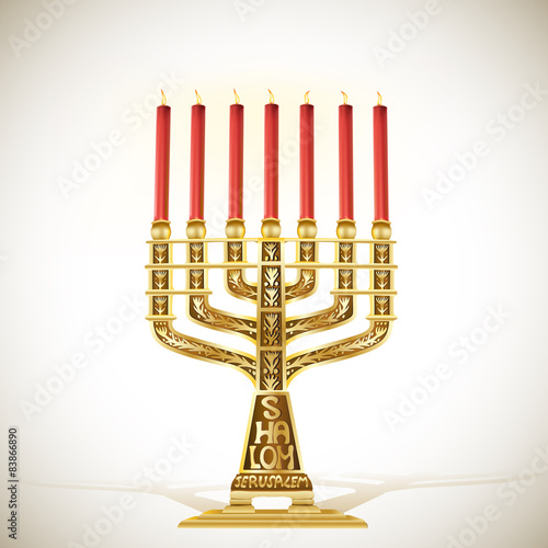 illustration of golden menorah with seven candles