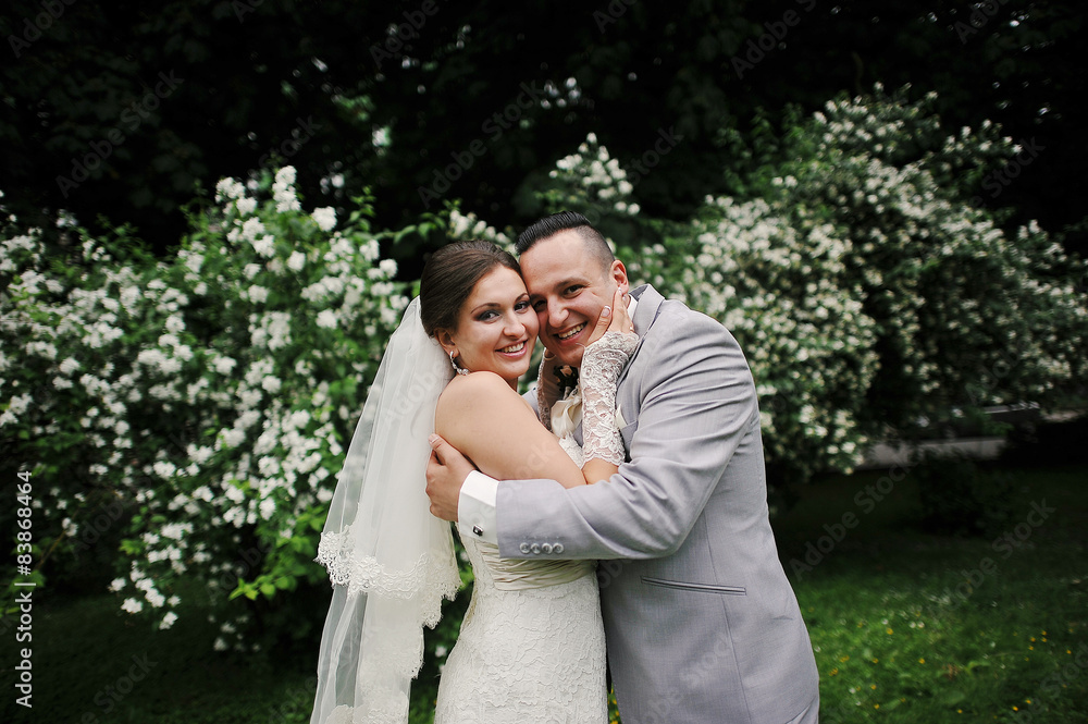 Wedding couple in love near white flowers trees Wedding couple in love near white flowers trees