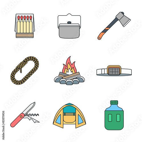 colored outline various camping icons collection.