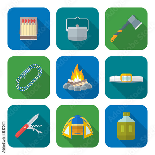 flat style colored various camping icons collection.
