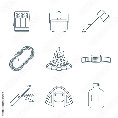 dark colored outline various camping icons collection.