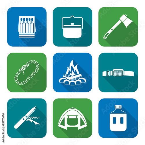 white color flat style various camping icons collection.