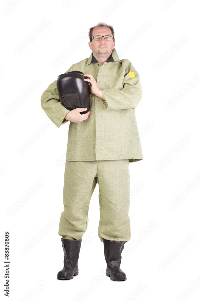 Fototapeta premium Smiling worker holding welder mask.