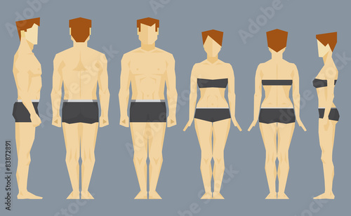 Man and woman bodies. Front, profile and back