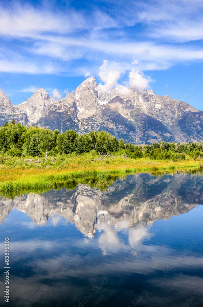 Scenic view of Grand Teton mountains  with water reflection, USA