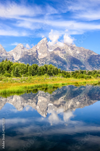 Scenic view of Grand Teton mountains with water reflection, USA