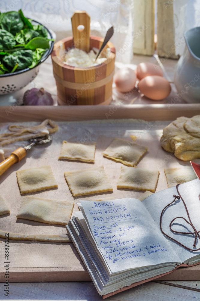 Ravioli with spinach and ricotta in the sunny kitchen