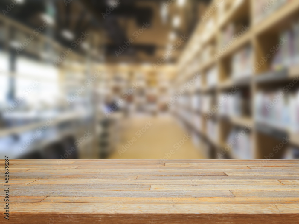Empty wooden table and modern library background, product displa Empty wooden table and modern library background, product displa
