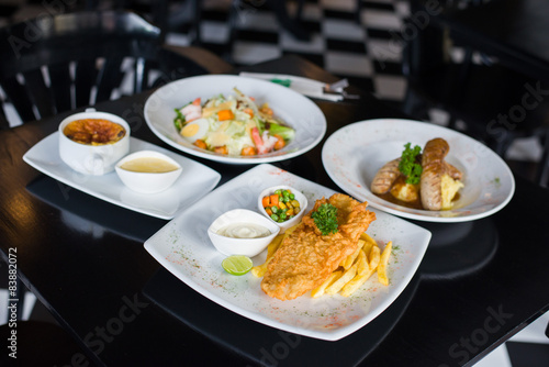 set of variety foods on the restaurant table
