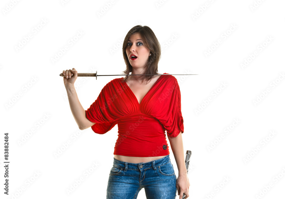 Beautiful young woman with red top holding a katana Beautiful young woman with red top holding a katana