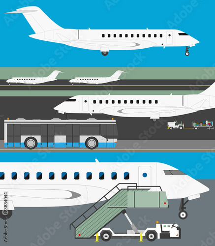 Airport infographic set. Business jet, passenger bus, carts