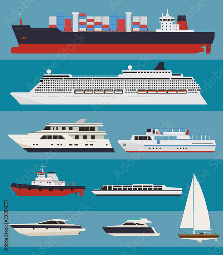 Vector water transport. Cargo ships, cruise ships, tug boats