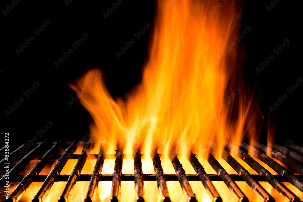 Empty grill grid with fire flames on black Empty grill grid with fire flames on black