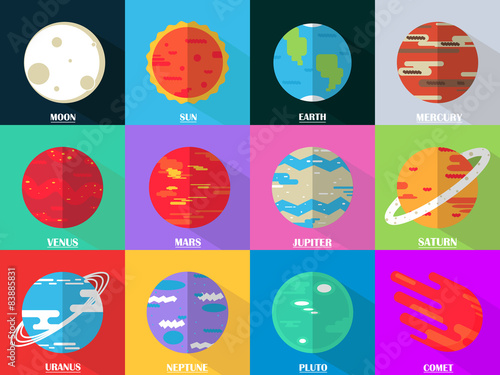 Flat design icons set - planets with names.