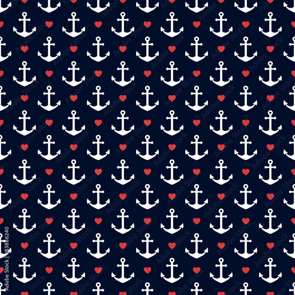 Nautical seamless pattern with anchors and hearts.